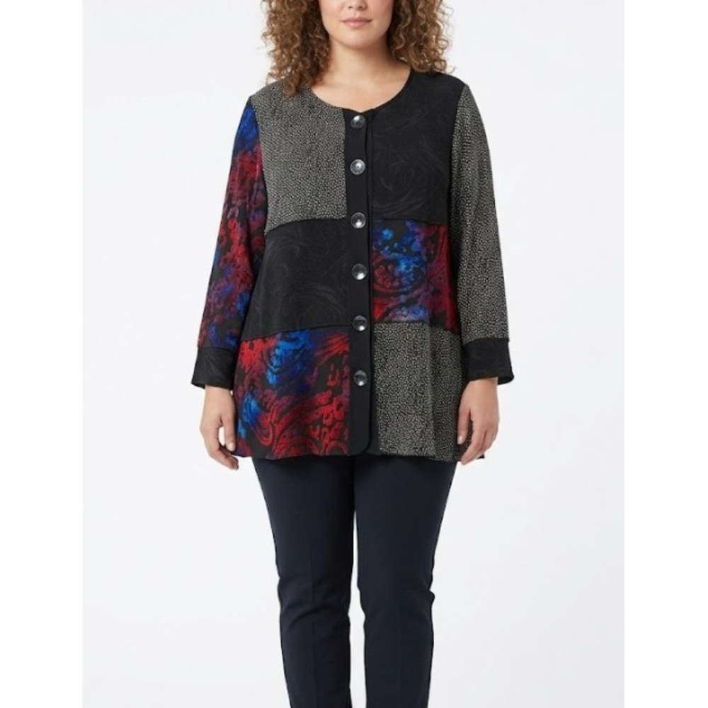 Calessa size XL Multi Color Artsy Patchwork Stretch 3/4 Sleeve Button Tunic Boho